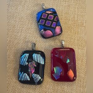 Fused Glass Pendant Lot Abstract Dichroic Art Jewelry Square 3 Pc Red Blue Black